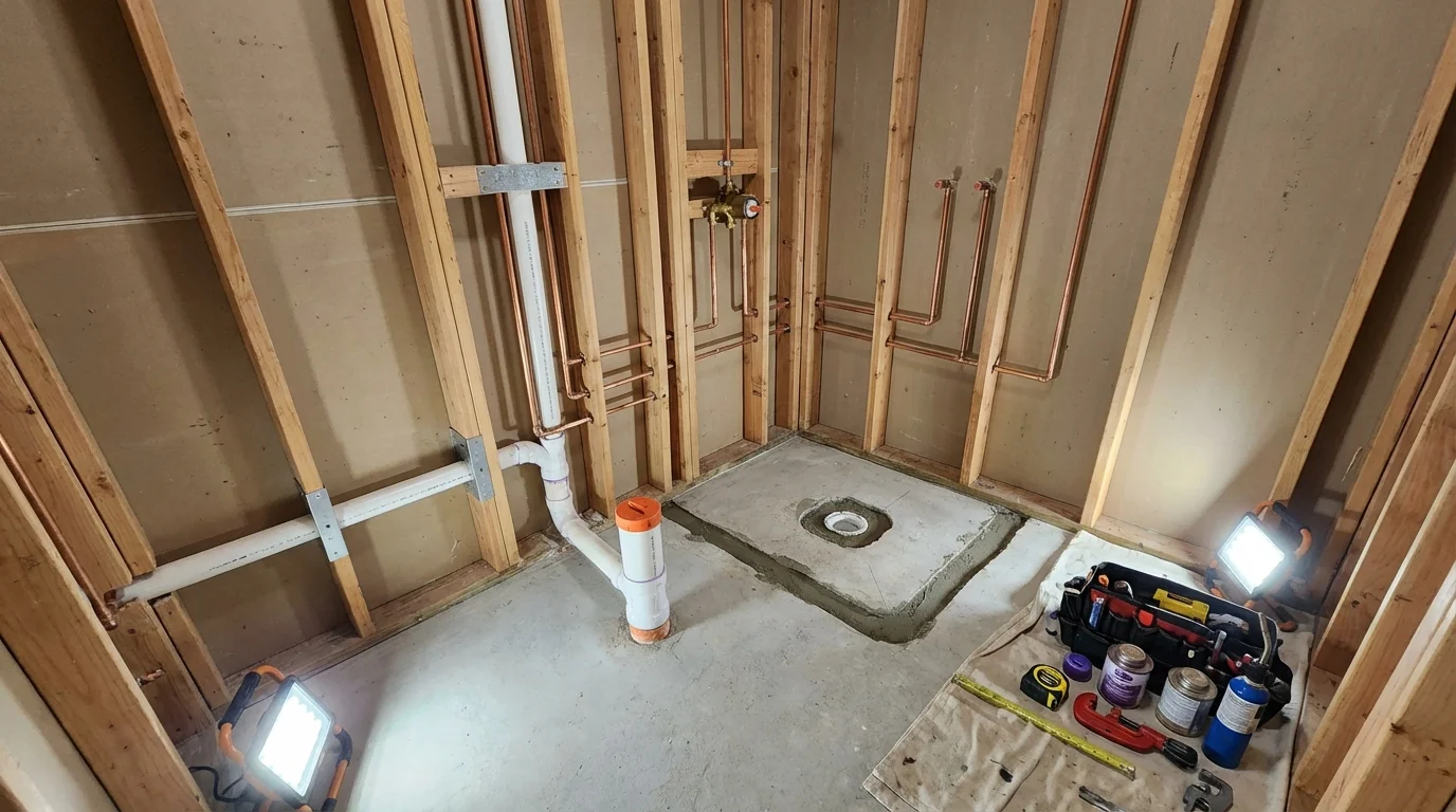 Bathroom rough-in plumbing during remodel by Johns Plumbing LLC in Maple Grove
