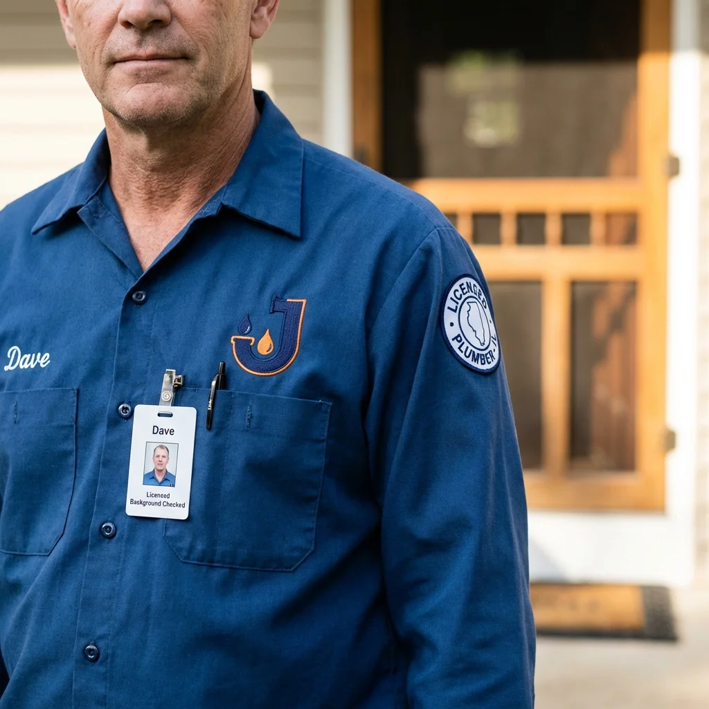 Licensed plumber showing ID badge in Maple Grove, MN
