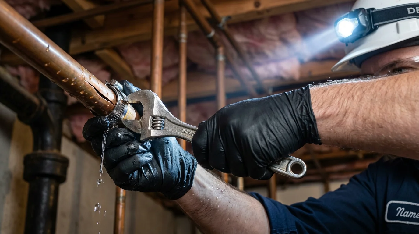 Emergency pipe clamp repair being performed by a Johns Plumbing LLC plumber in Maple Grove