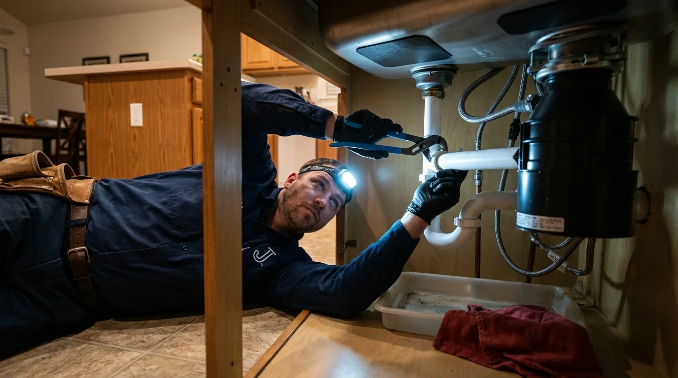 P-trap and supply line connections under a kitchen sink showing a common leak point in Maple Grove, MN